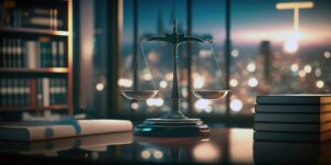 Two people review bank statements, a house valuation, and divorce property documents at a dining table.